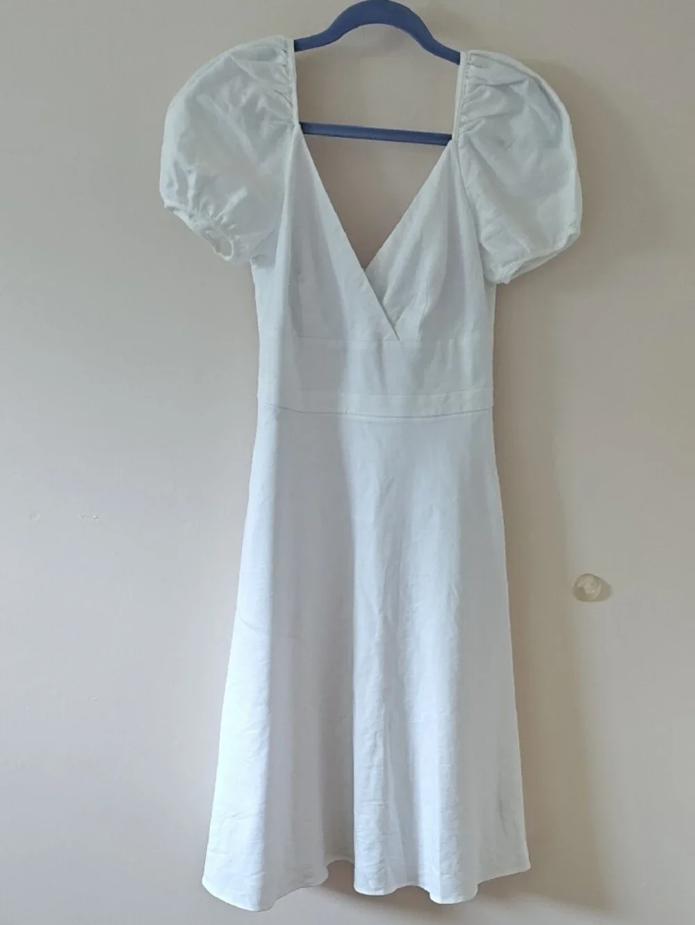 J. Crew White Puff-Sleeve V-Neck Midi Dress